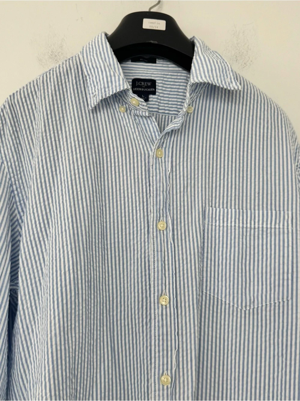 J.Crew Seersucker Slim Button Down Shirt Mens L Blue White Striped Long Sleeve